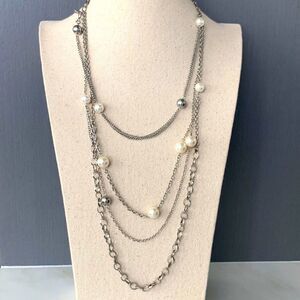 Long Silver & Faux Pearl Necklace – Multi-Strand Art Deco Flapper Style